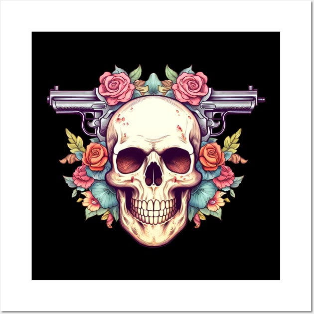 skull with guns Wall Art by One Eyed Cat Design